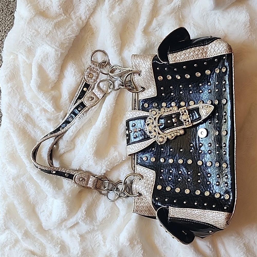 Tan and black bedazzled purse